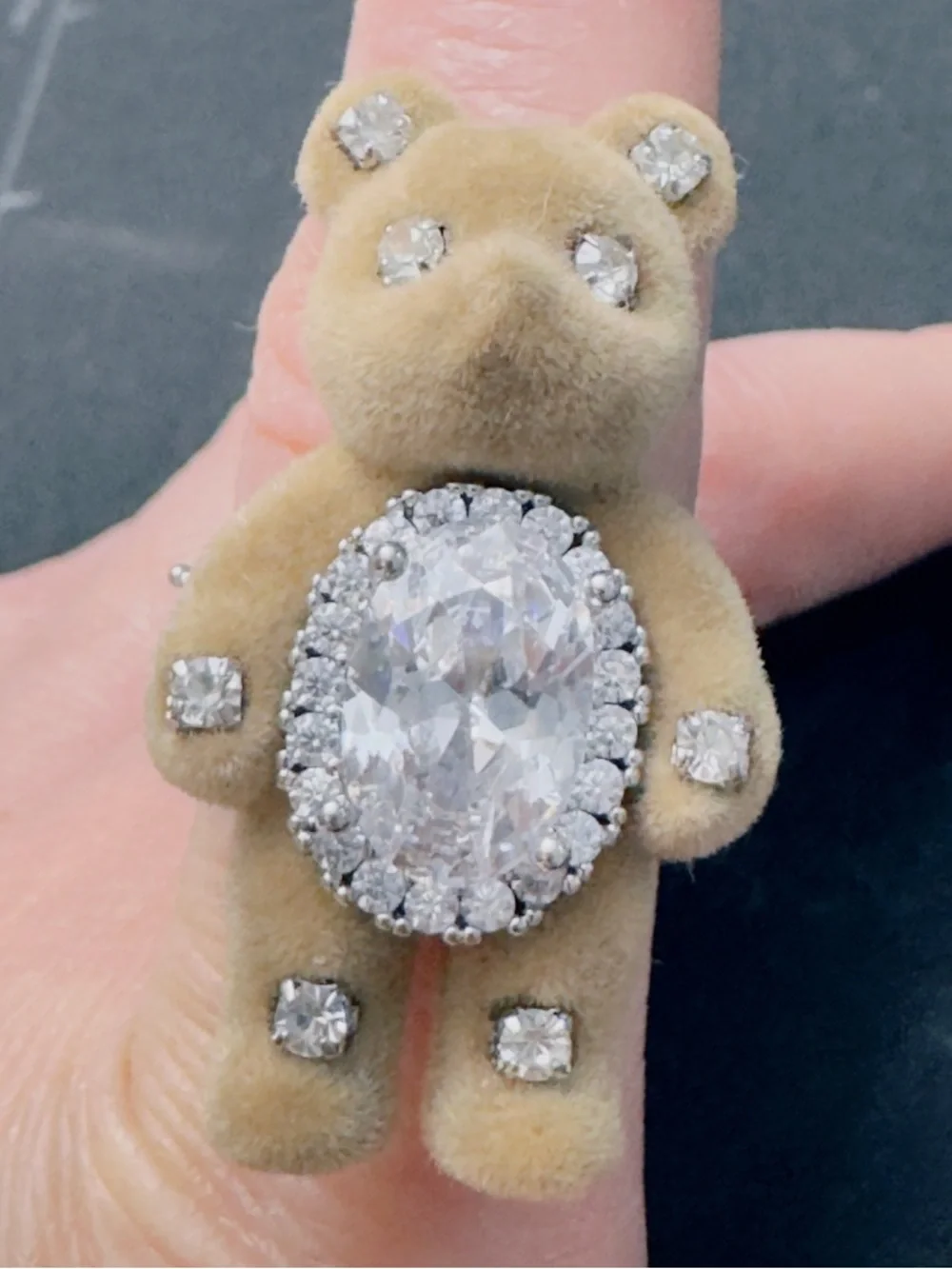 Plush Teddy Bear Ring with Crystal Center - Beige